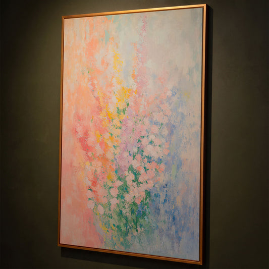 Abstract Pink Blossom Canvas with Peach-to-Blue Gradient shown in antique gold floating frame