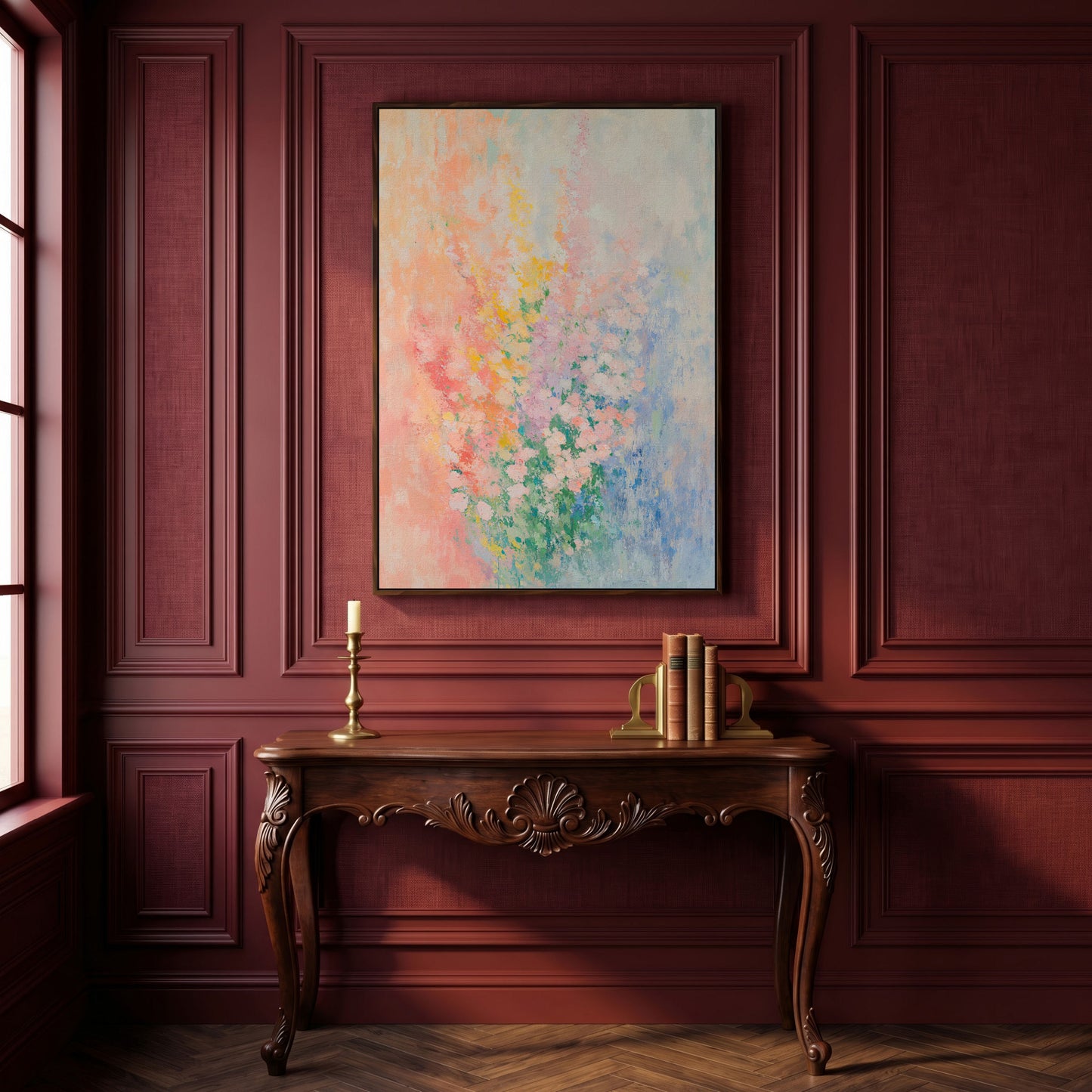 Abstract Pink Blossom Canvas with Peach-to-Blue Gradient in dark walnut floating frame