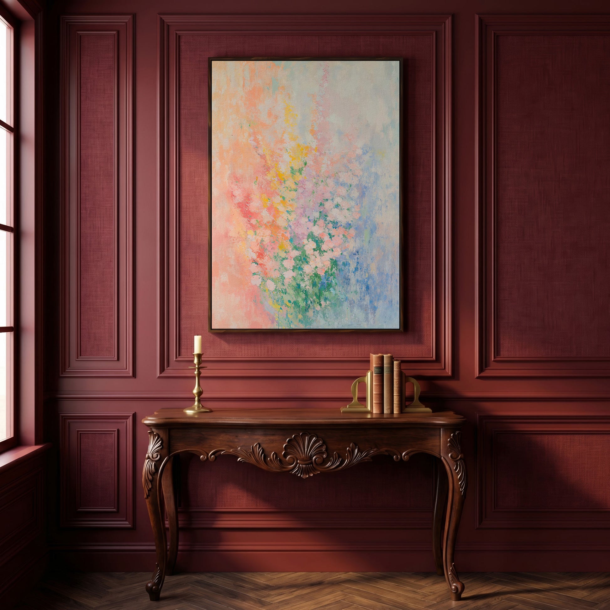 Abstract Pink Blossom Canvas with Peach-to-Blue Gradient in dark walnut floating frame