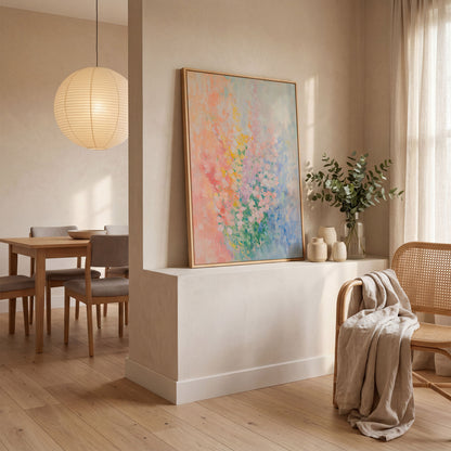 Abstract Pink Blossom Canvas with Peach-to-Blue Gradient in white oak floating frame