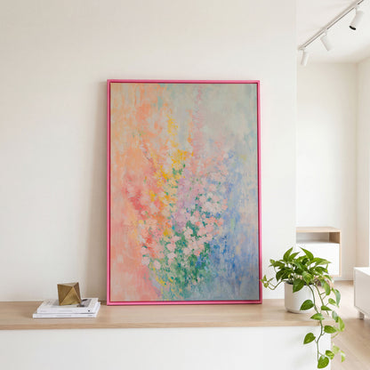 Abstract Pink Blossom Canvas with Peach-to-Blue Gradient in pink floating frame