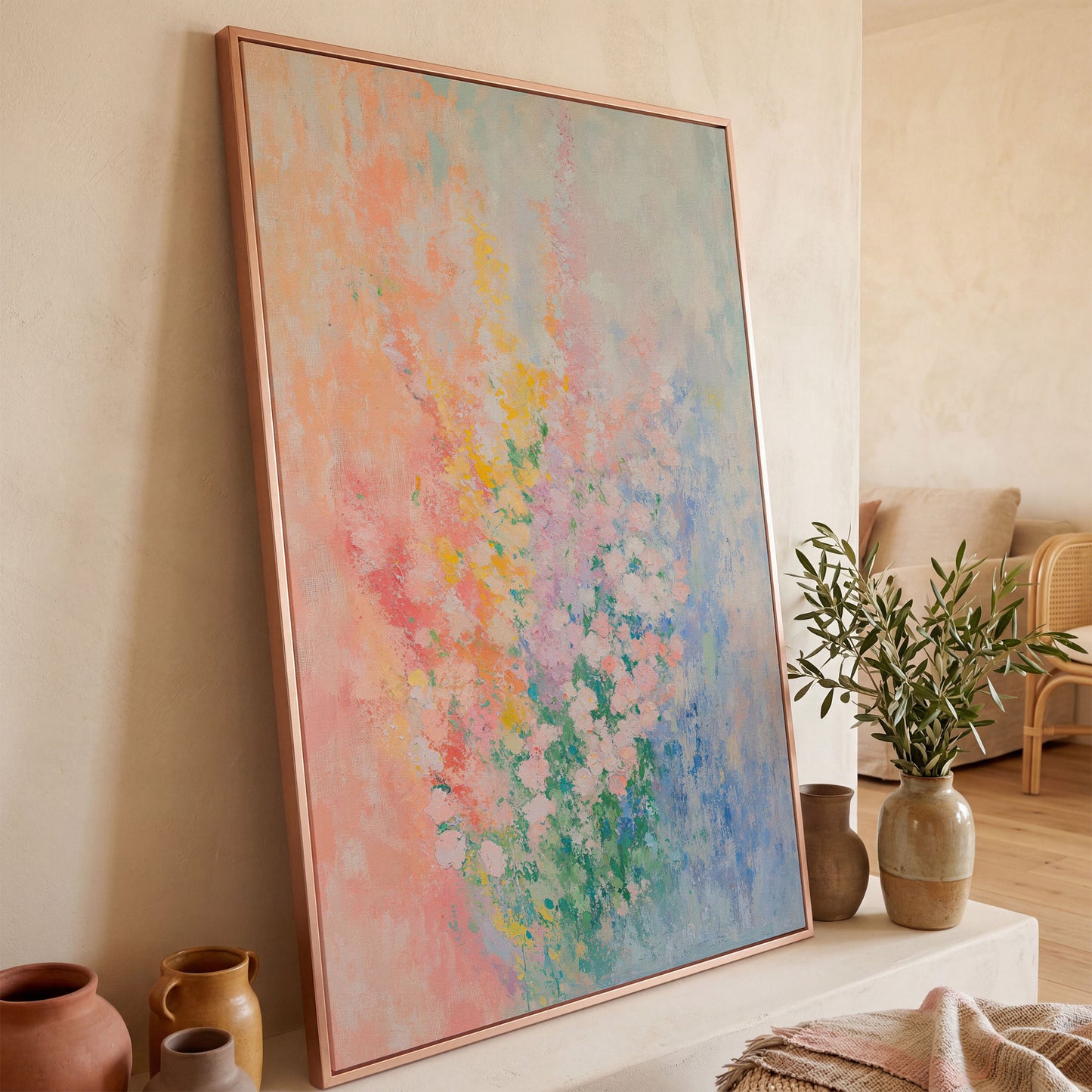 Abstract Pink Blossom Canvas with Peach-to-Blue Gradient in rose gold floating frame