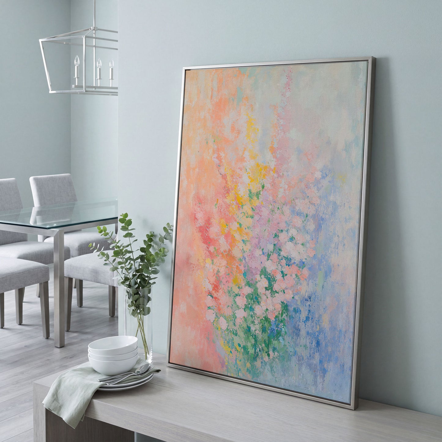 Abstract Pink Blossom Canvas with Peach-to-Blue Gradient in silver floating frame