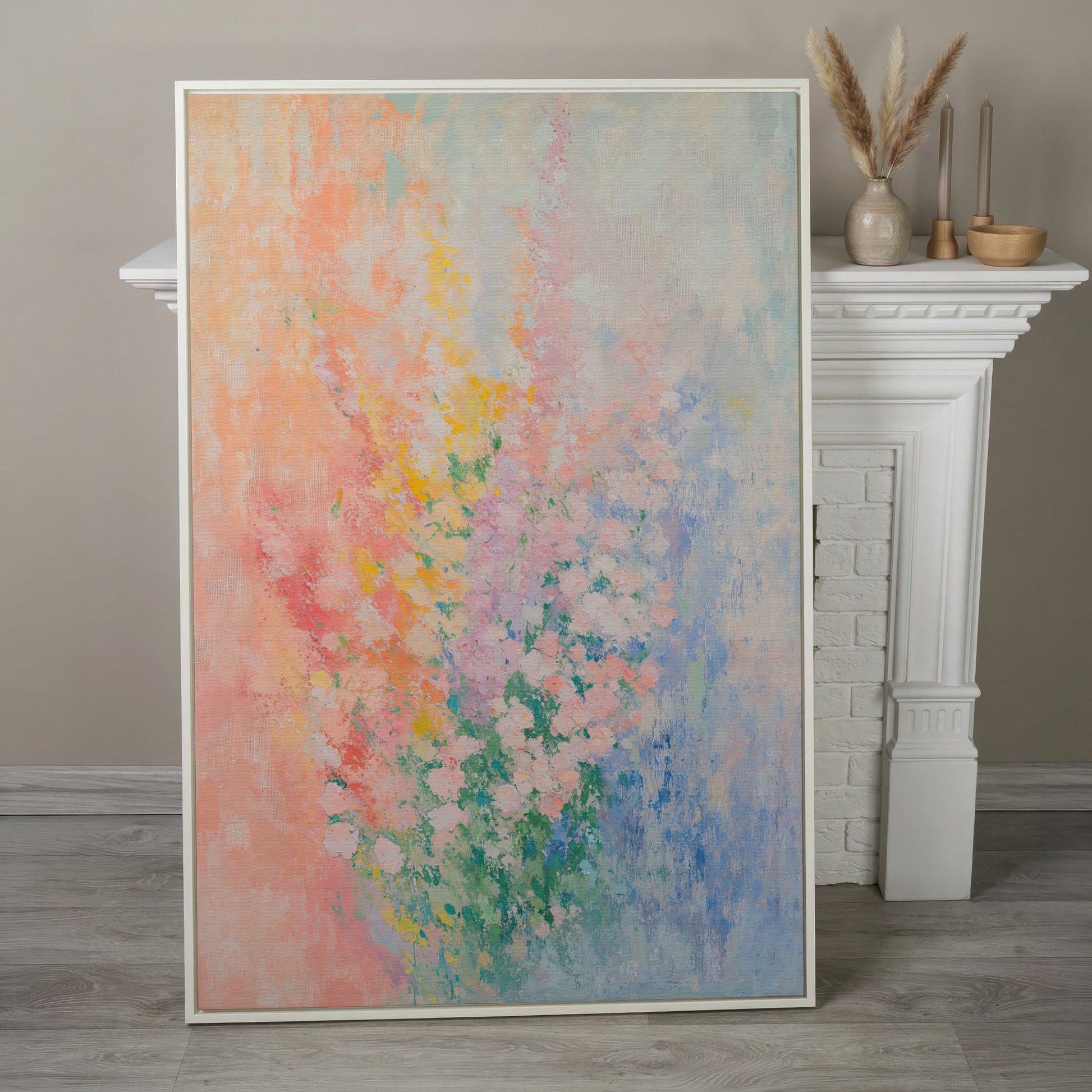 Abstract Pink Blossom Canvas with Peach-to-Blue Gradient in white floating frame
