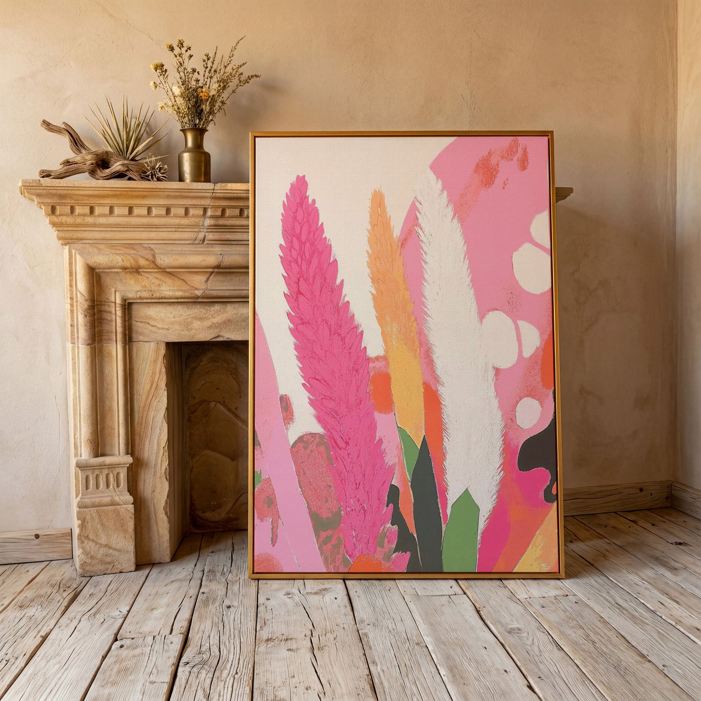 Boho Floral Canvas with Feathered Plumes in antique gold floating frame