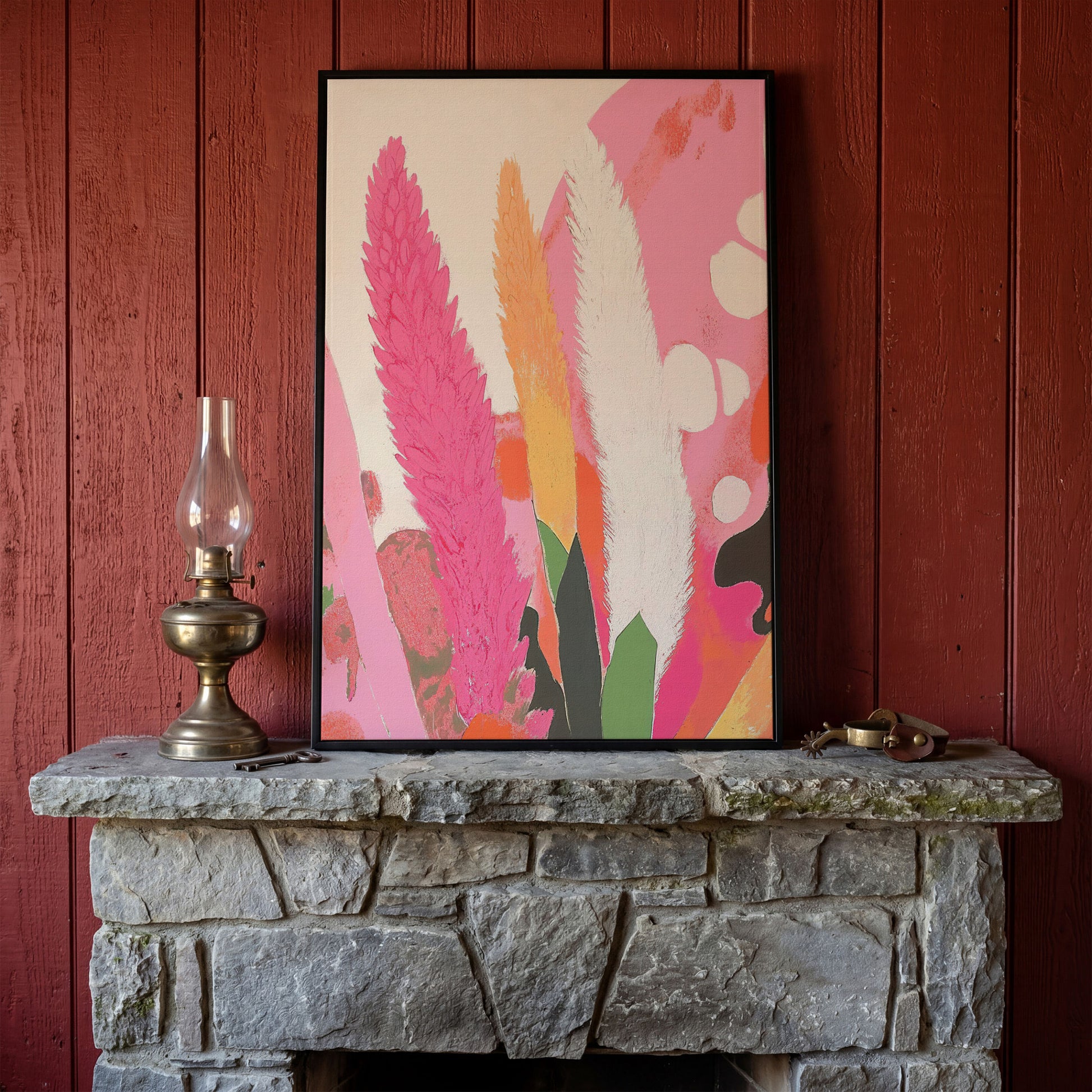 Boho Floral Canvas with Feathered Plumes in black floating frame