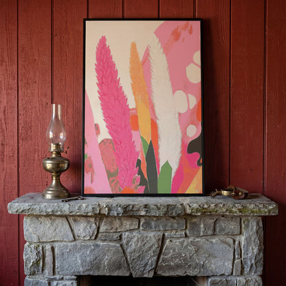 Boho Floral Canvas with Feathered Plumes in black floating frame
