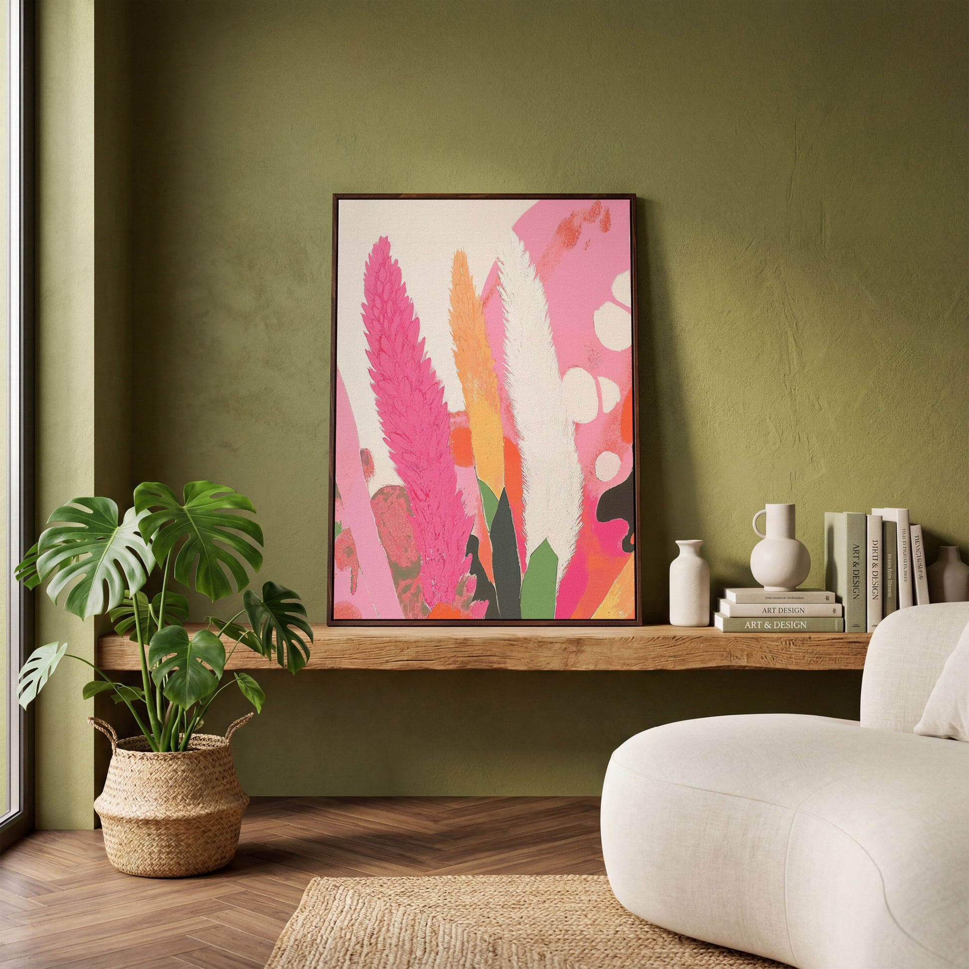 Boho Floral Canvas with Feathered Plumes in dark walnut floating frame