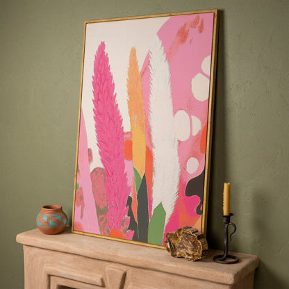 Boho Floral Canvas with Feathered Plumes in white oak floating frame
