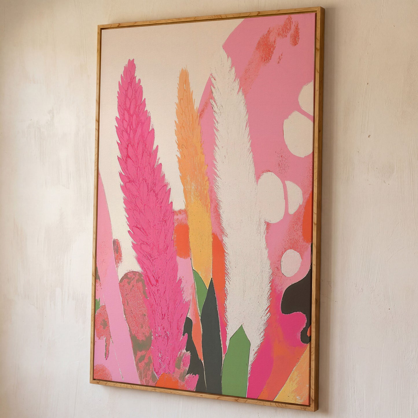 Boho Floral Canvas with Feathered Plumes shown in white oak floating frame