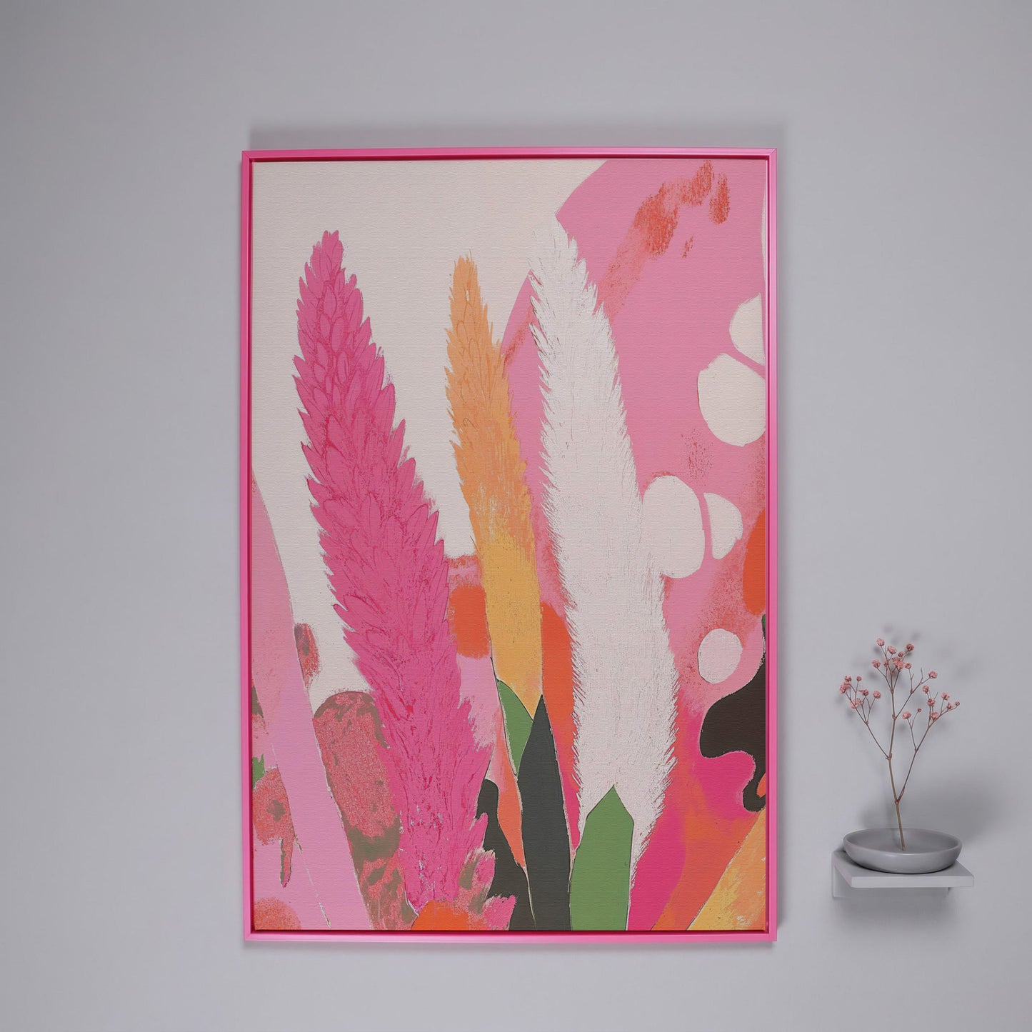 Boho Floral Canvas with Feathered Plumes in pink floating frame