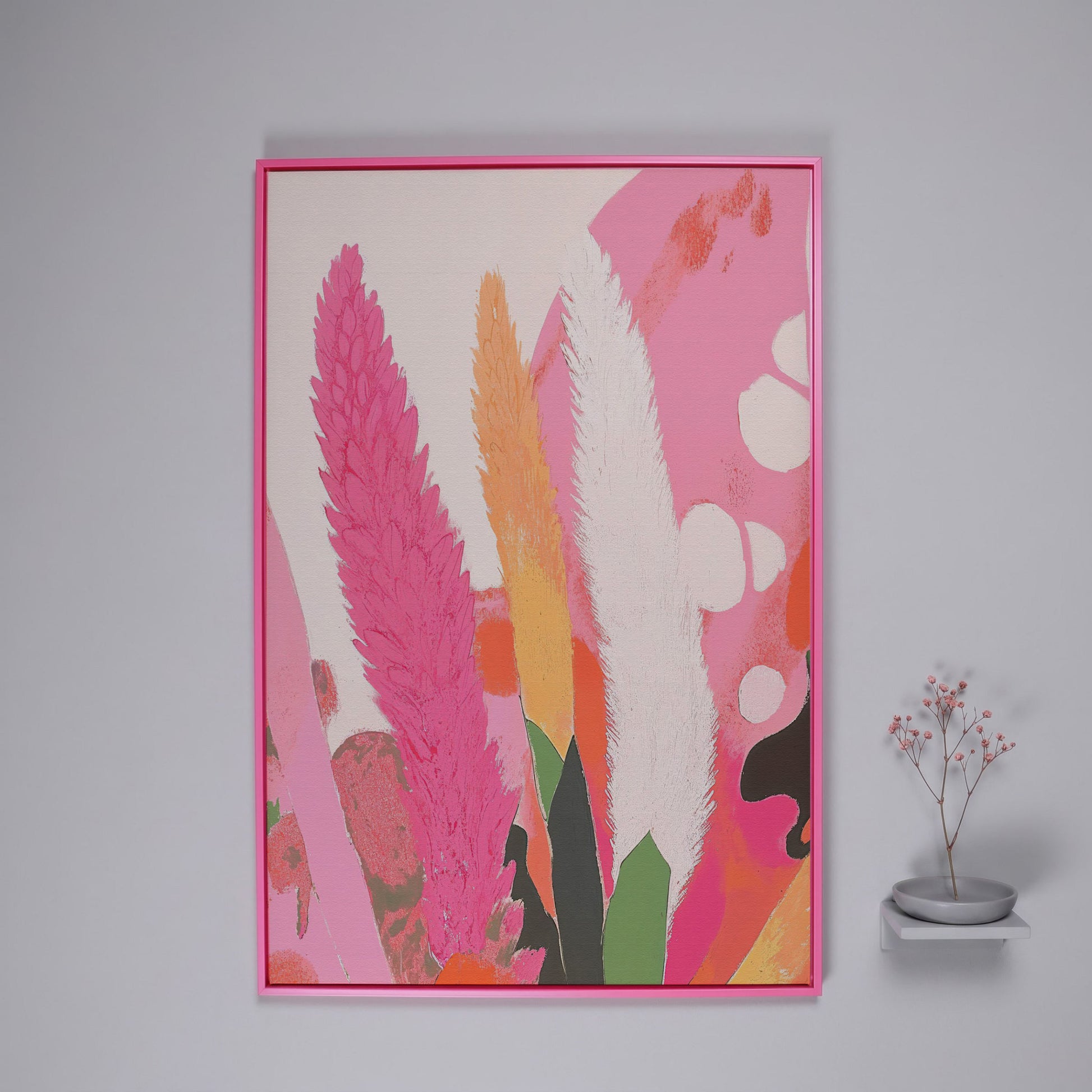 Boho Floral Canvas with Feathered Plumes in pink floating frame