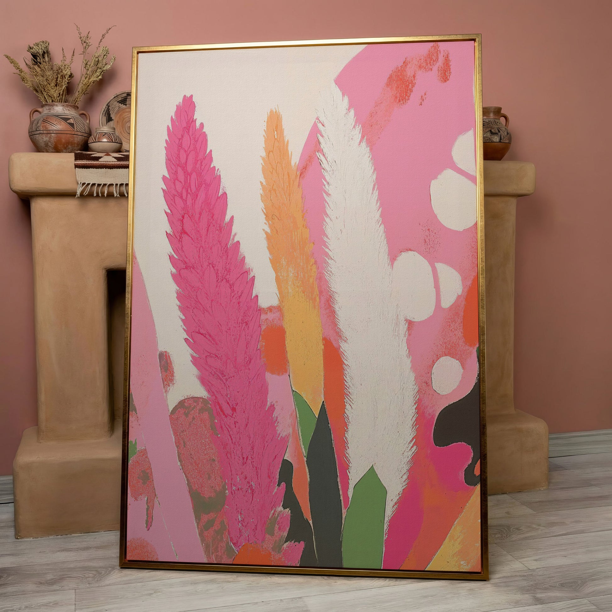Boho Floral Canvas with Feathered Plumes in rose gold floating frame