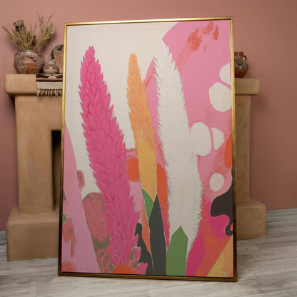 Boho Floral Canvas with Feathered Plumes in rose gold floating frame