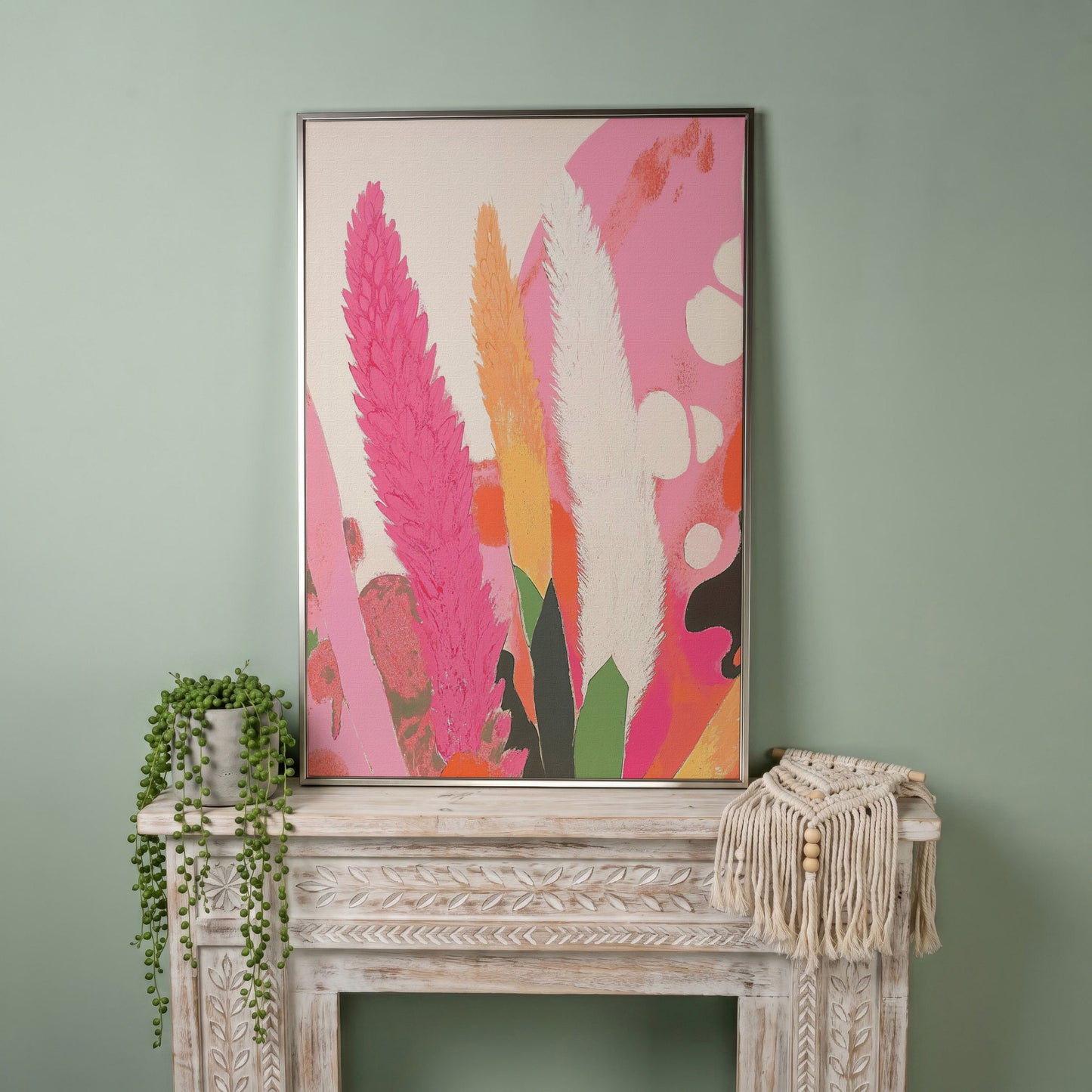 Boho Floral Canvas with Feathered Plumes in silver floating frame