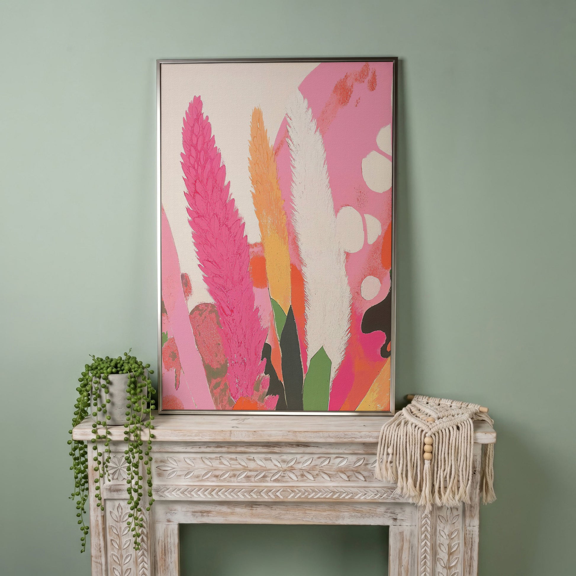 Boho Floral Canvas with Feathered Plumes in silver floating frame