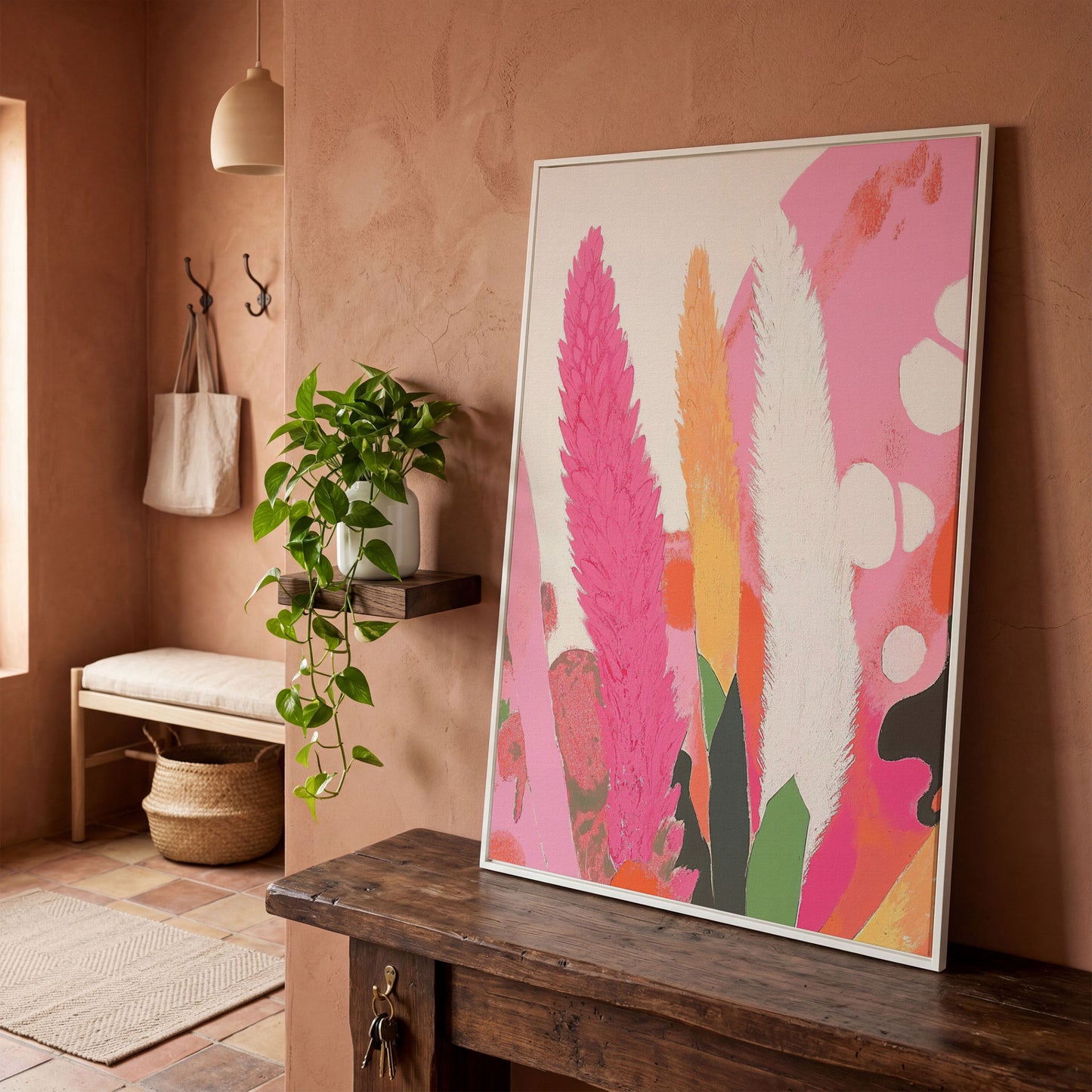 Boho Floral Canvas with Feathered Plumes in white floating frame