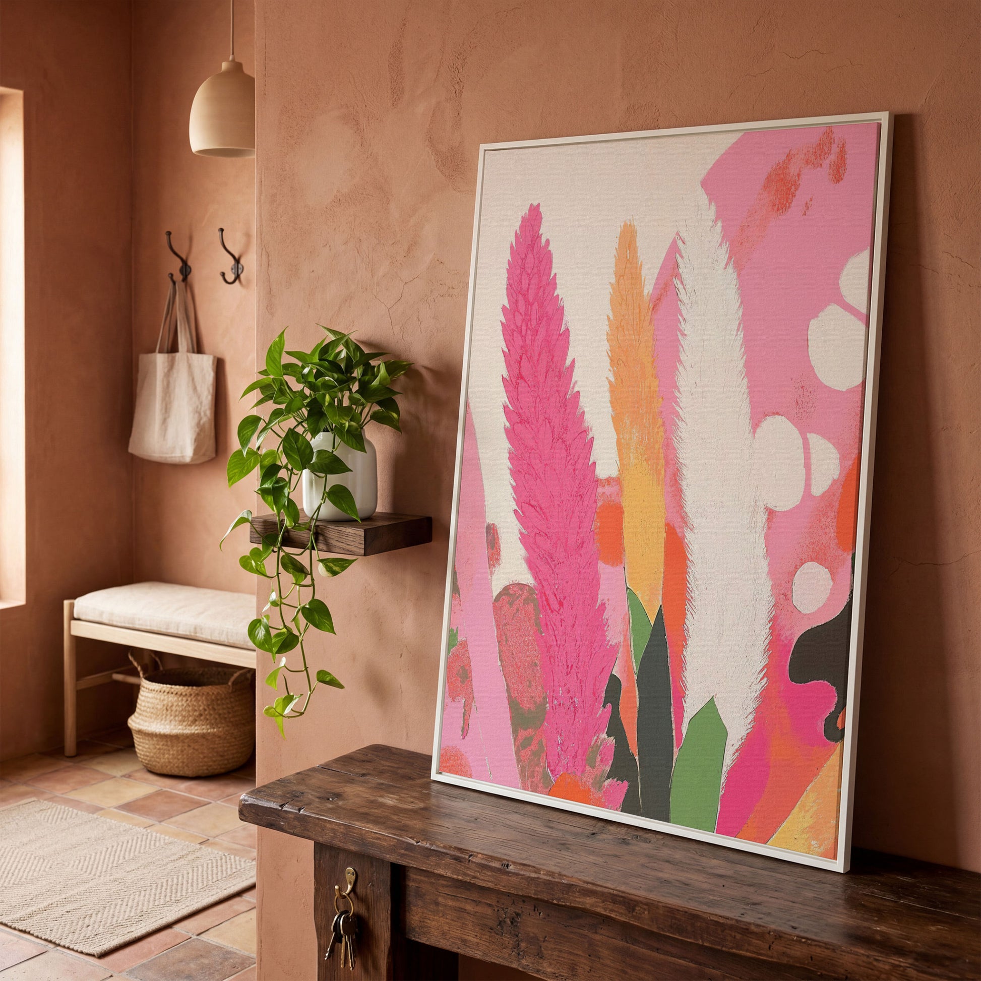 Boho Floral Canvas with Feathered Plumes in white floating frame