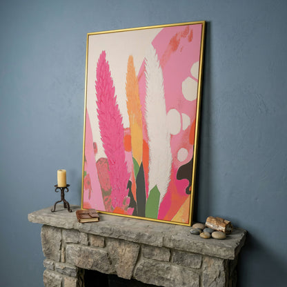 Boho Floral Canvas with Feathered Plumes in yellow gold floating frame