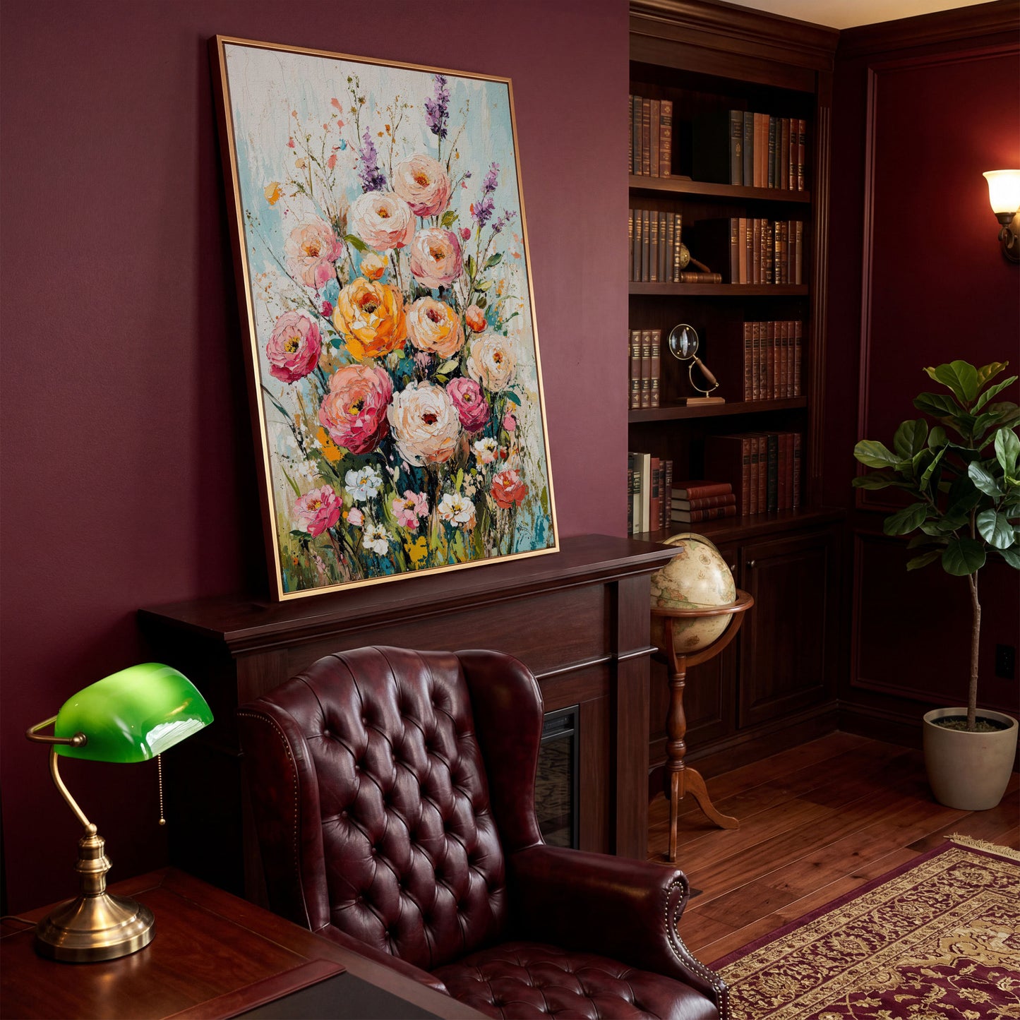 Pink Bouquet with Sage Canvas Print in antique gold floating frame