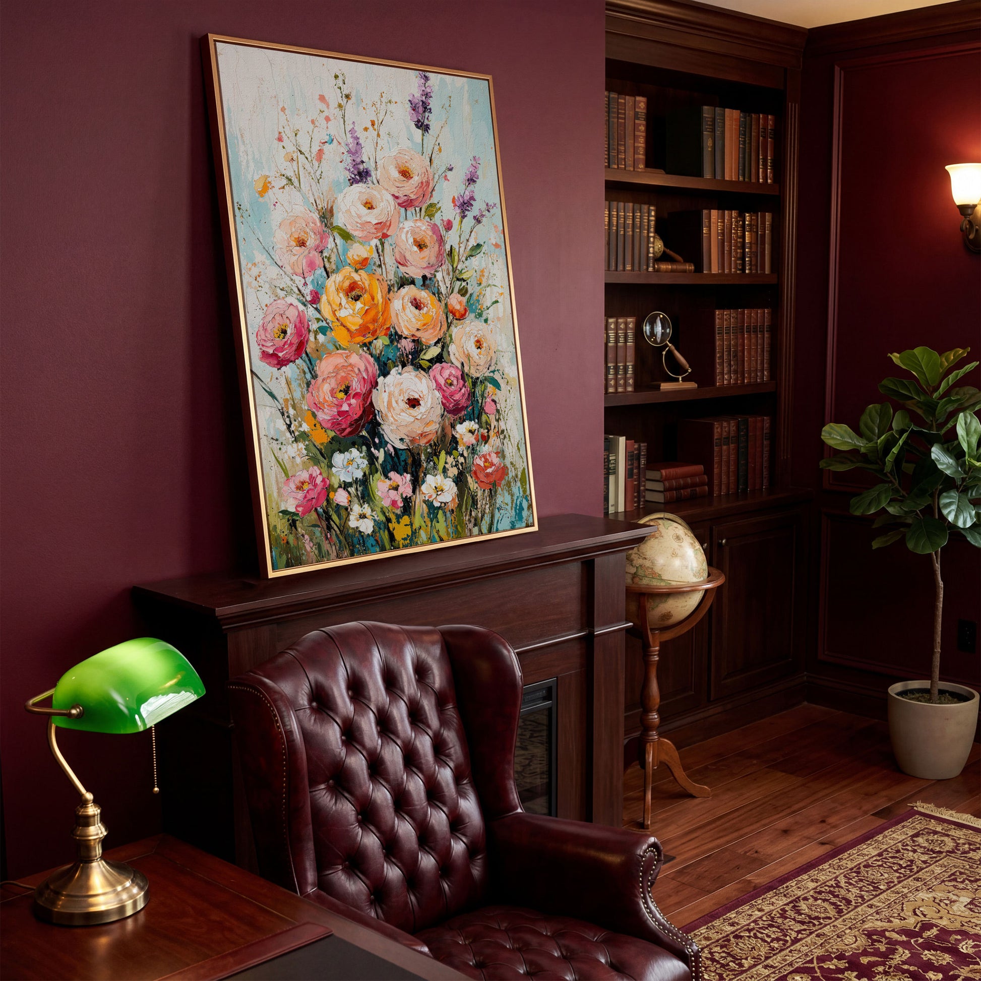 Pink Bouquet with Sage Canvas Print in antique gold floating frame
