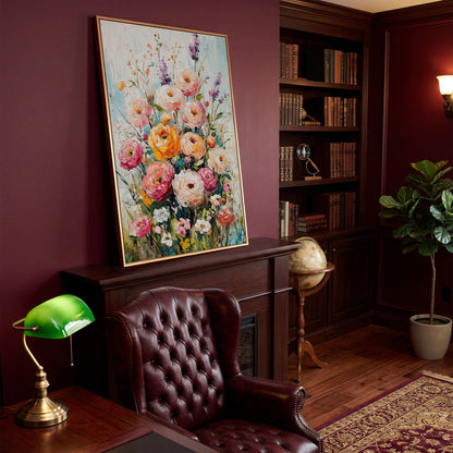 Pink Bouquet with Sage Canvas Print in antique gold floating frame