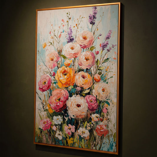 Pink Bouquet with Sage Canvas Print shown in antique gold floating frame