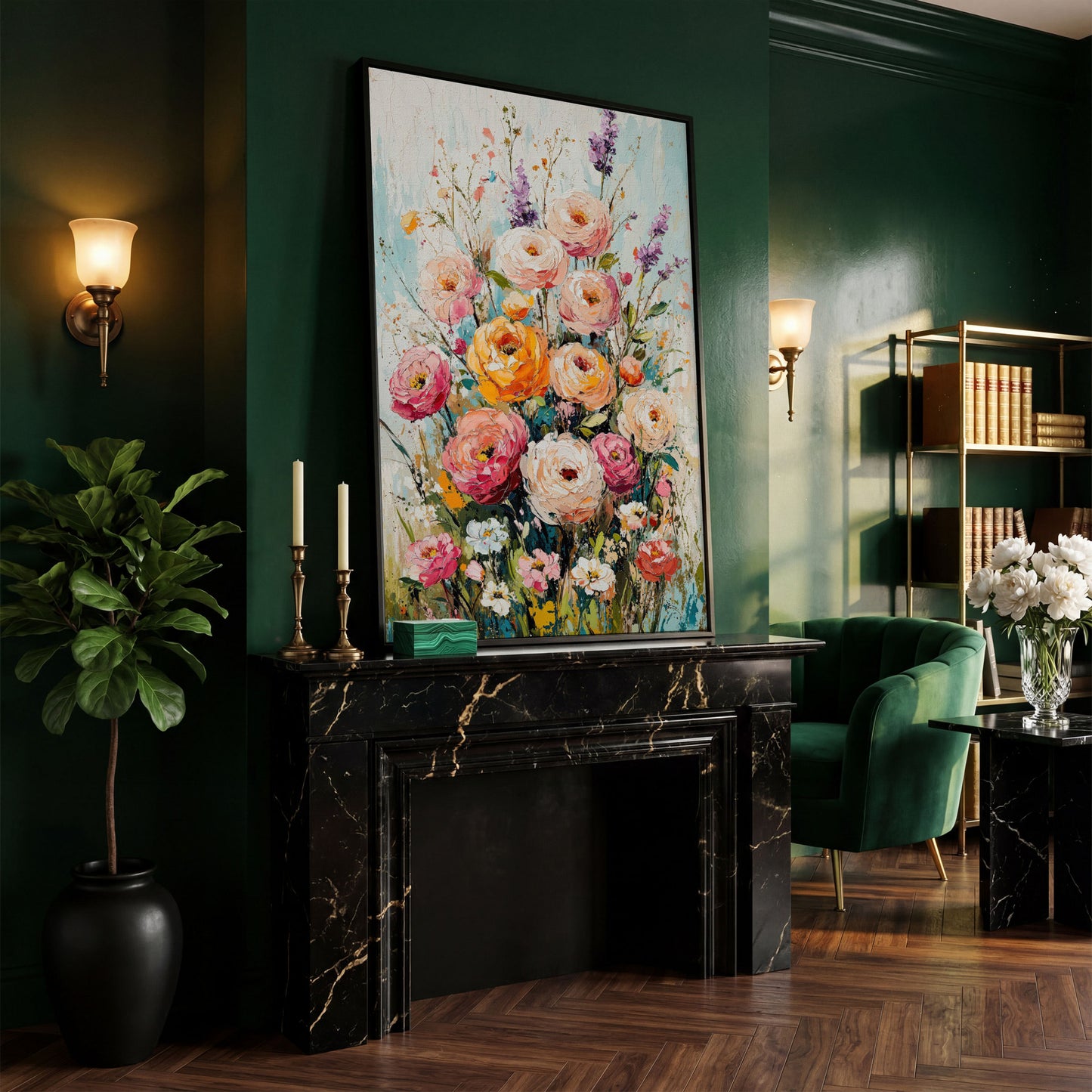 Pink Bouquet with Sage Canvas Print in black floating frame