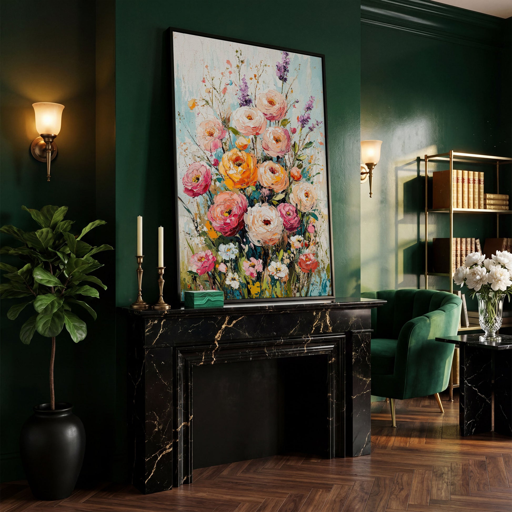 Pink Bouquet with Sage Canvas Print in black floating frame