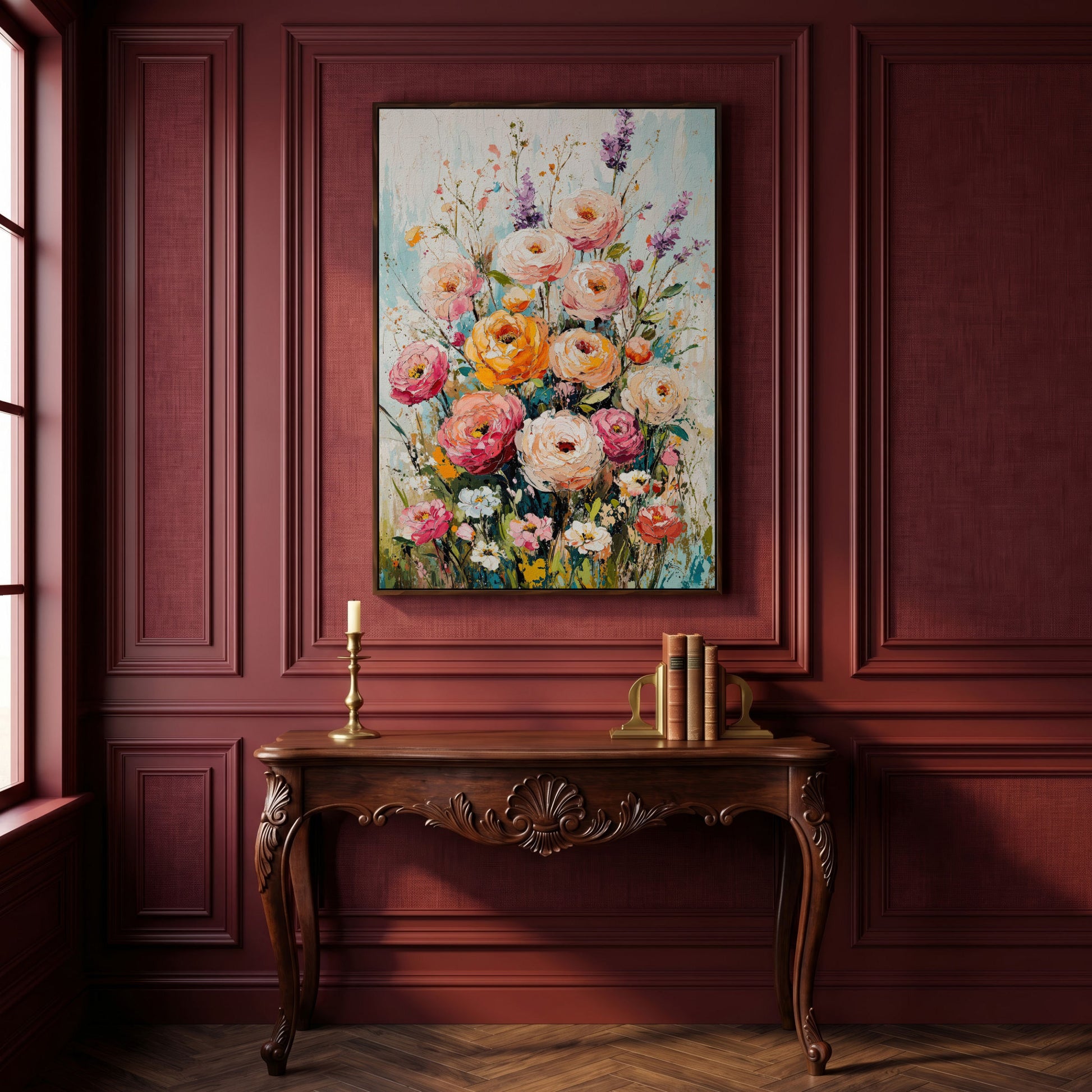 Pink Bouquet with Sage Canvas Print in dark walnut floating frame