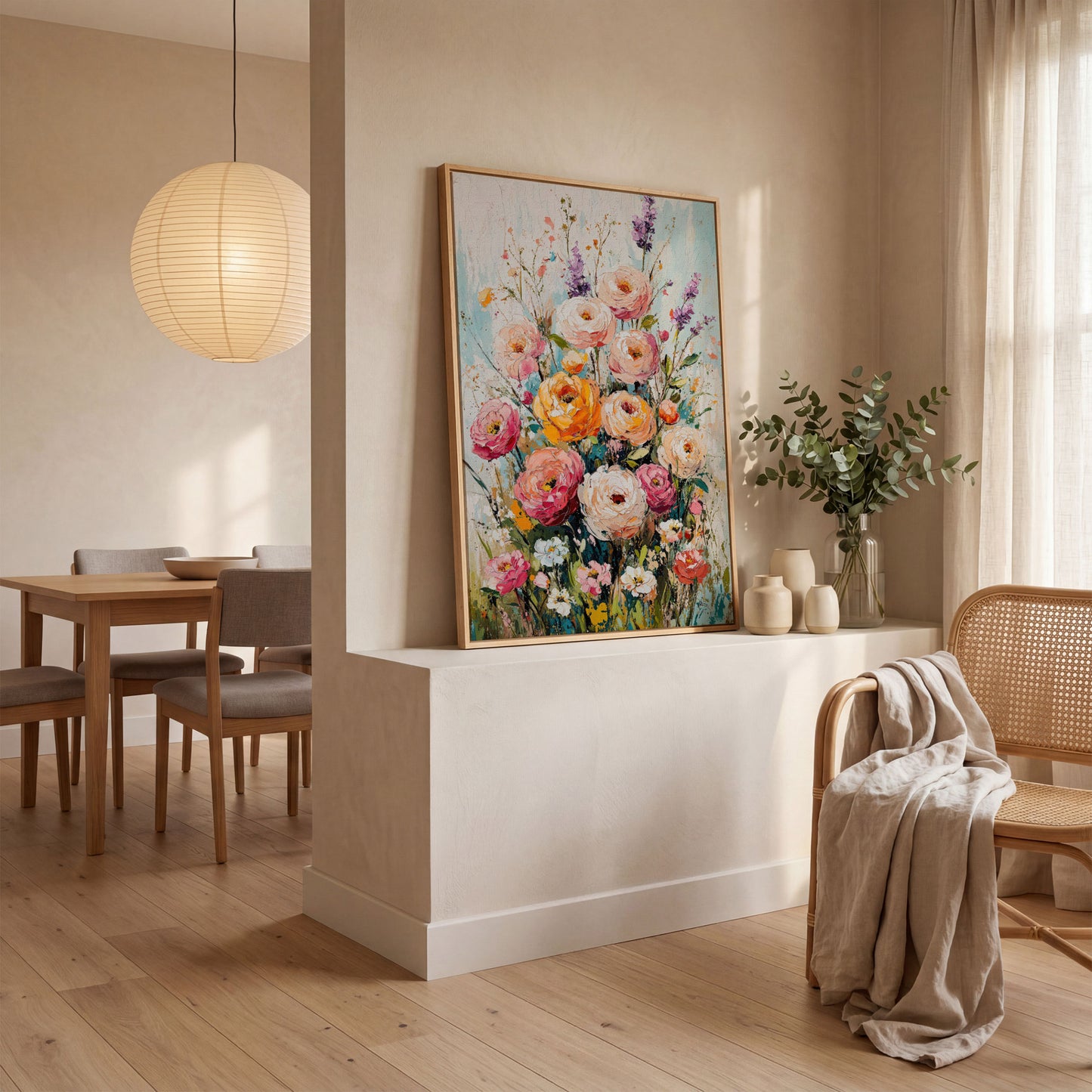 Pink Bouquet with Sage Canvas Print in white oak floating frame