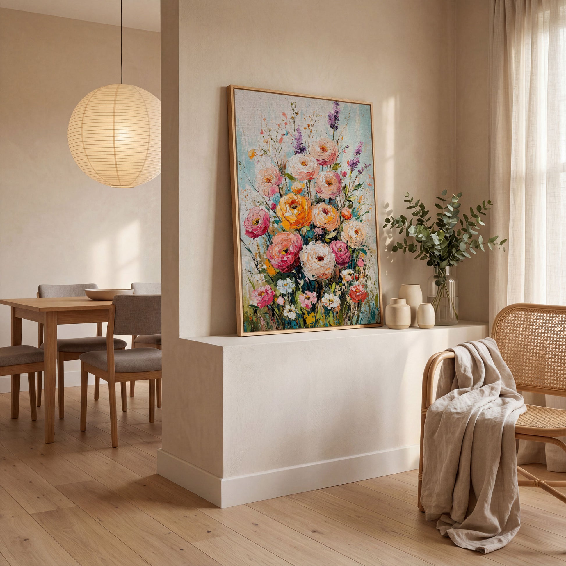 Pink Bouquet with Sage Canvas Print in white oak floating frame