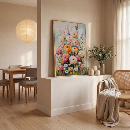 Pink Bouquet with Sage Canvas Print in white oak floating frame