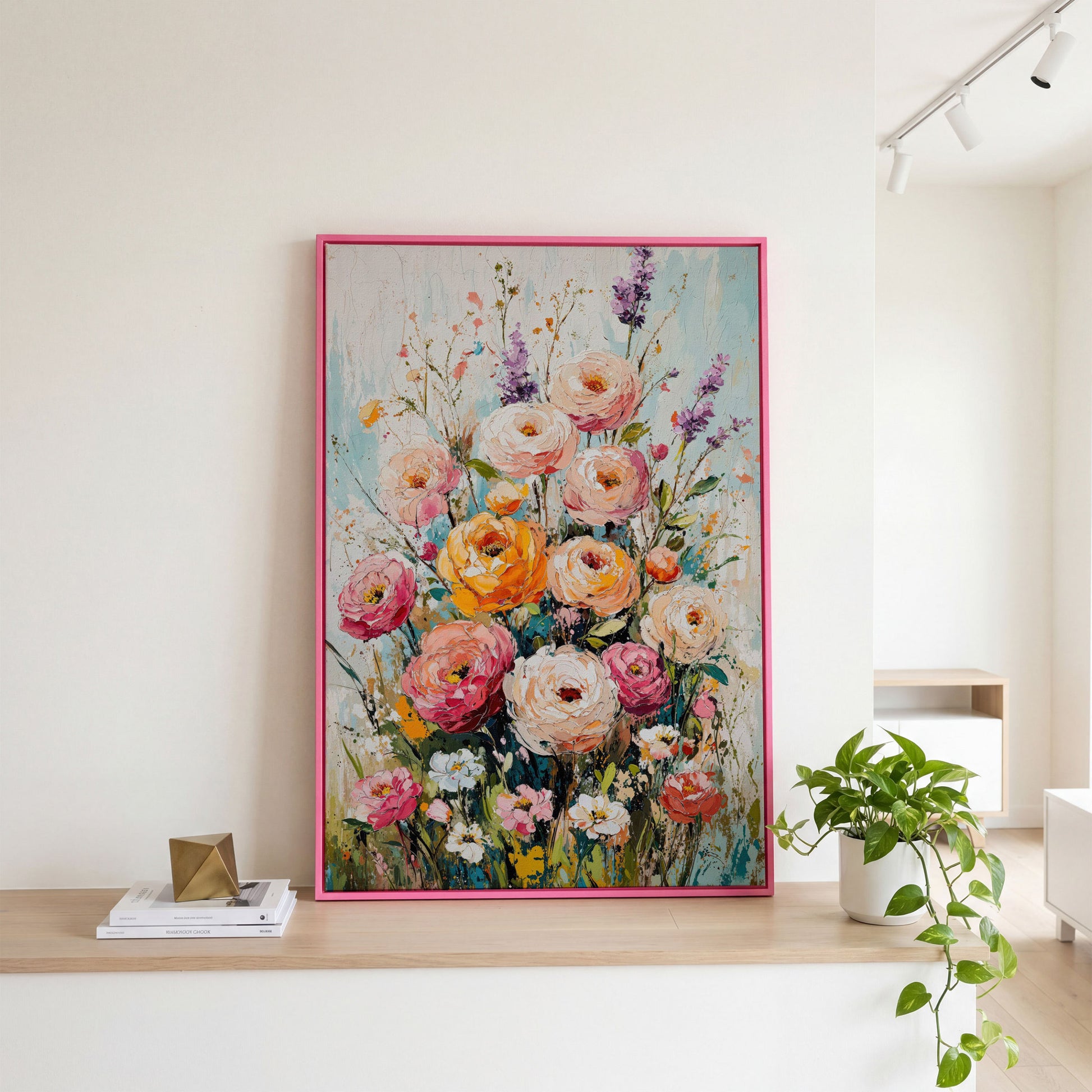 Pink Bouquet with Sage Canvas Print in pink floating frame