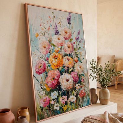 Pink Bouquet with Sage Canvas Print in rose gold floating frame