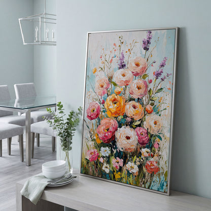 Pink Bouquet with Sage Canvas Print in silver floating frame