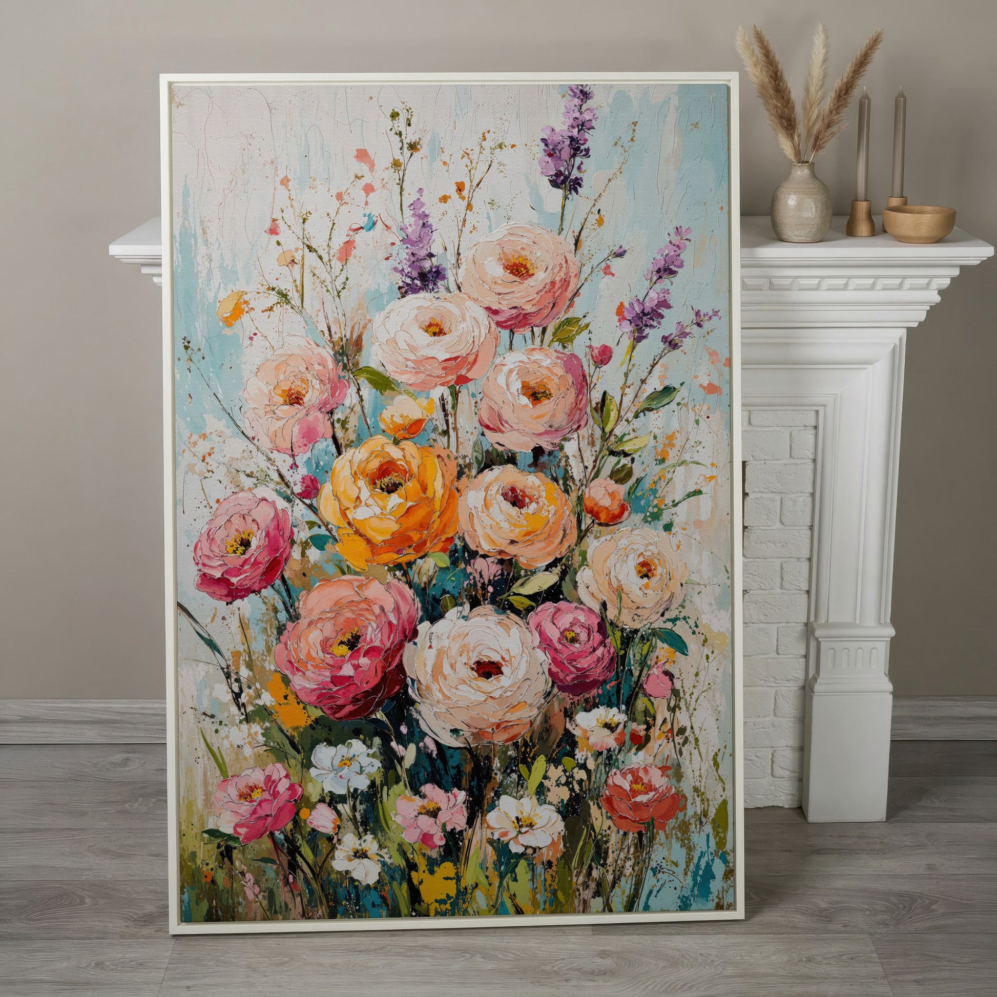 Pink Bouquet with Sage Canvas Print in white floating frame