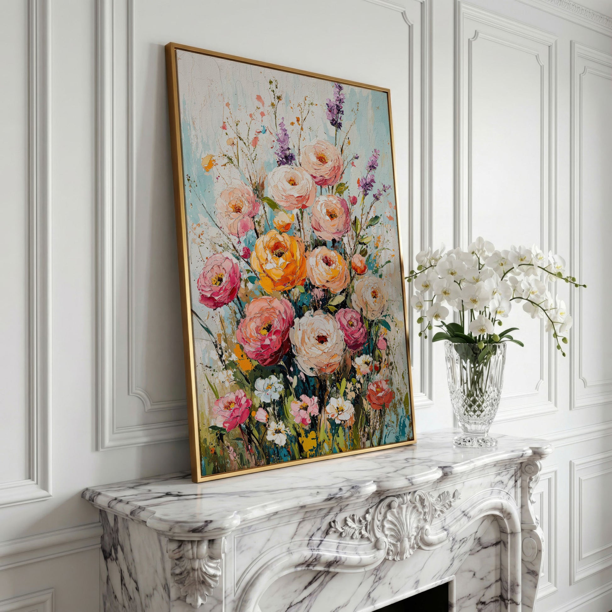 Pink Bouquet with Sage Canvas Print in yellow gold floating frame