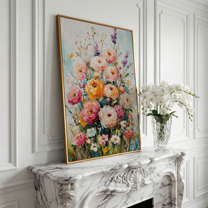 Pink Bouquet with Sage Canvas Print in yellow gold floating frame