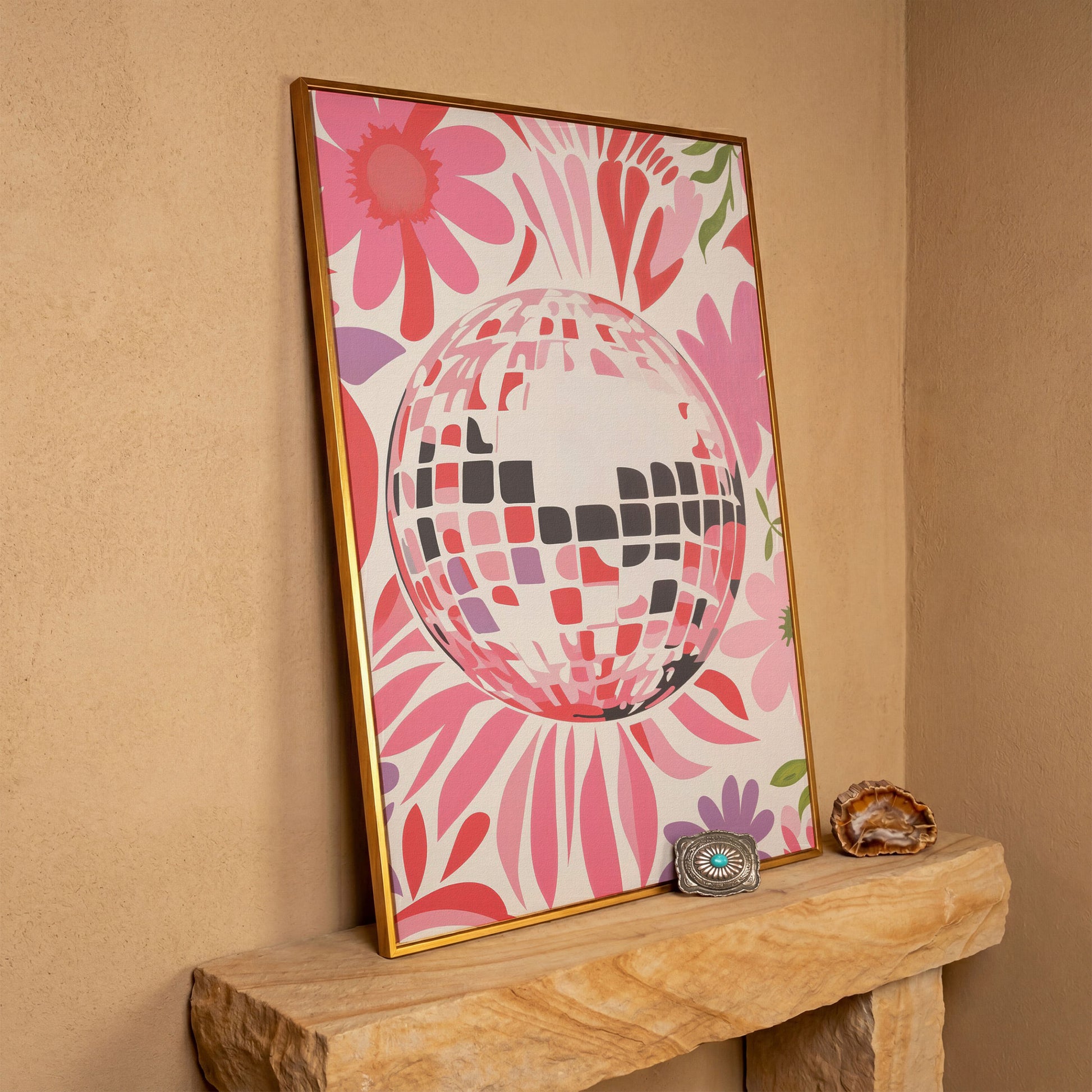 Retro Disco Ball & Floral Canvas in antique gold floating frame