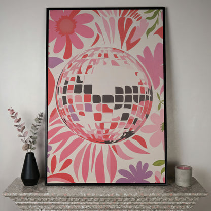 Retro Disco Ball & Floral Canvas in black floating frame