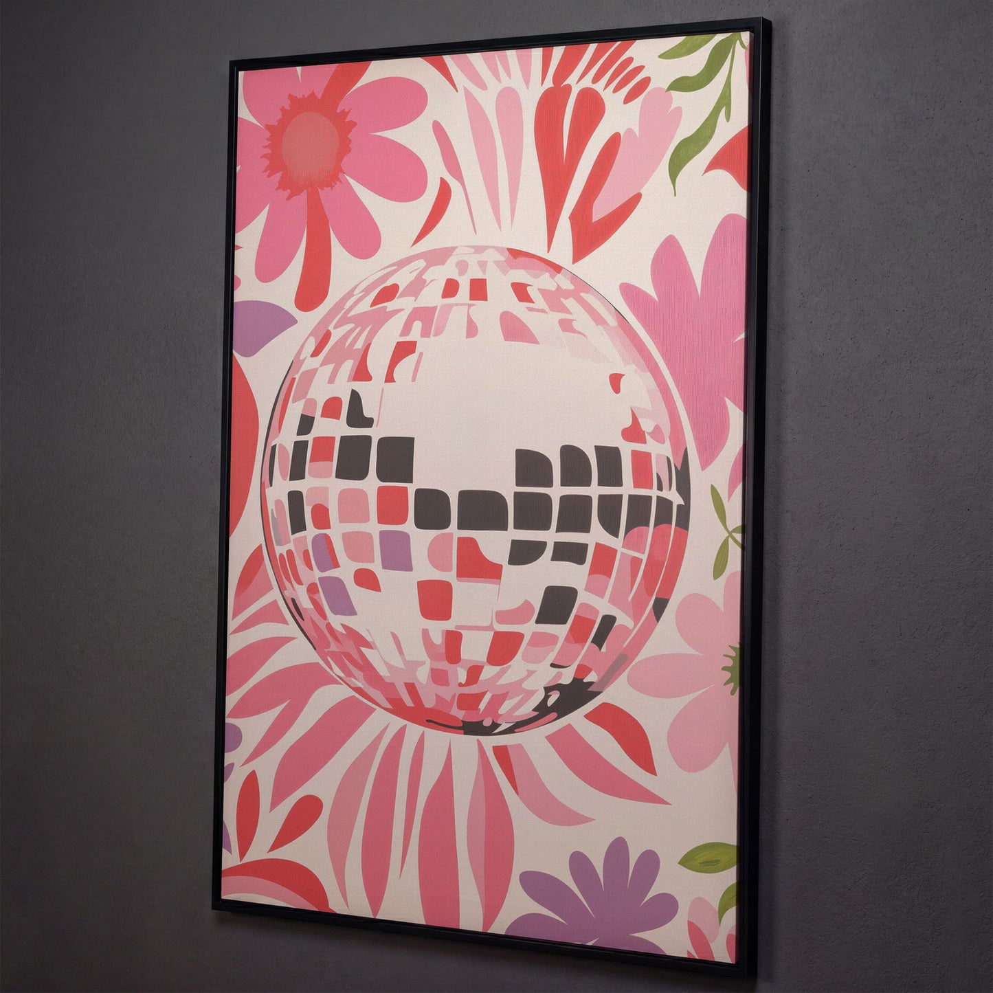 Retro Disco Ball & Floral Canvas shown in black floating frame