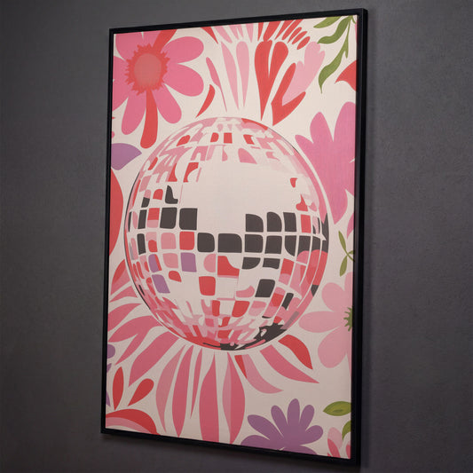 Retro Disco Ball & Floral Canvas shown in black floating frame
