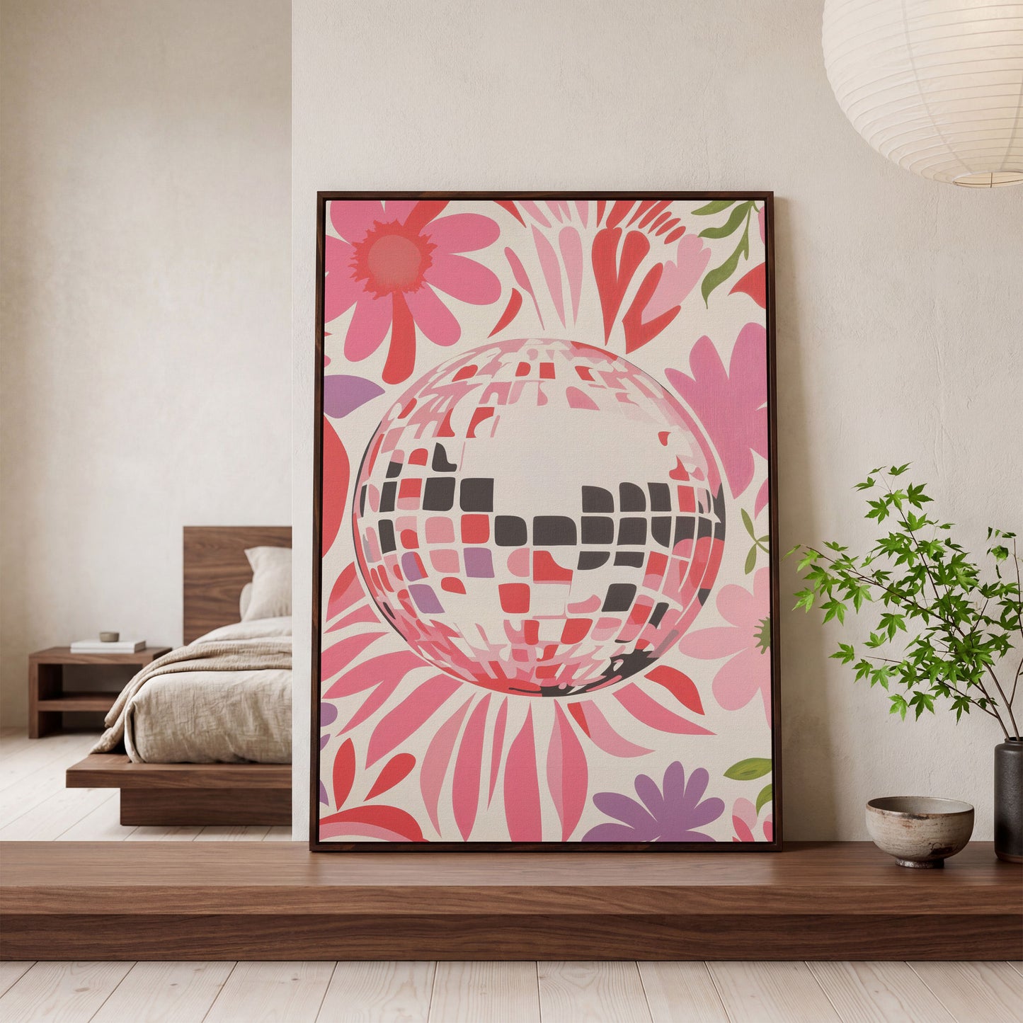 Retro Disco Ball & Floral Canvas in dark walnut floating frame