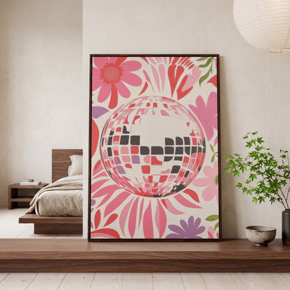 Retro Disco Ball & Floral Canvas in dark walnut floating frame