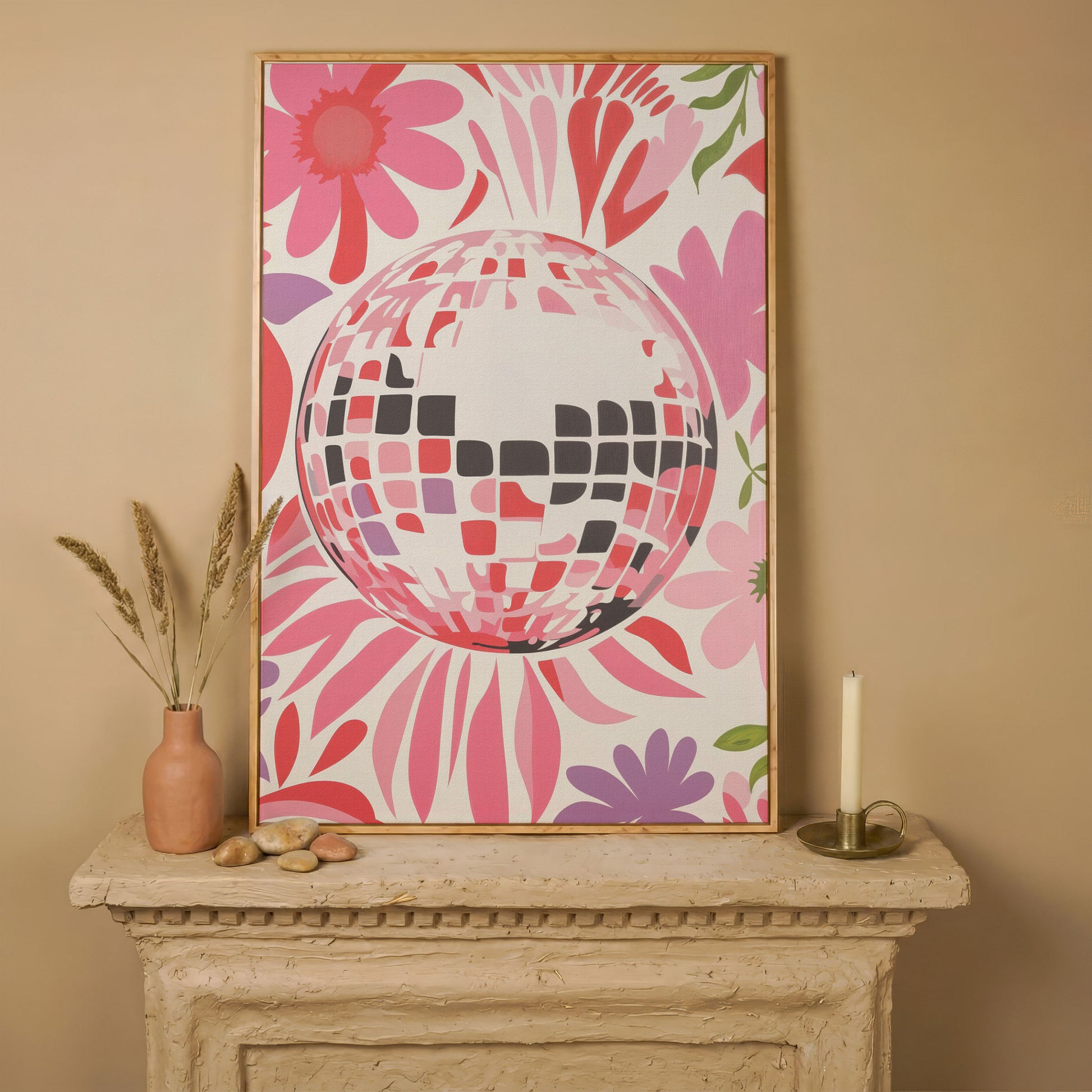 Retro Disco Ball & Floral Canvas in white oak floating frame