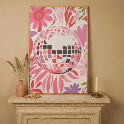 Retro Disco Ball & Floral Canvas in white oak floating frame