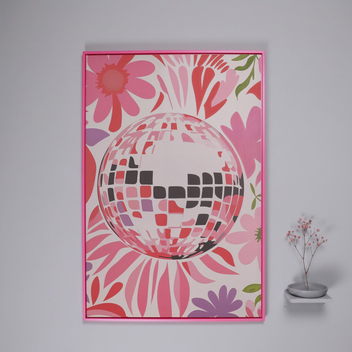 Retro Disco Ball & Floral Canvas in pink floating frame