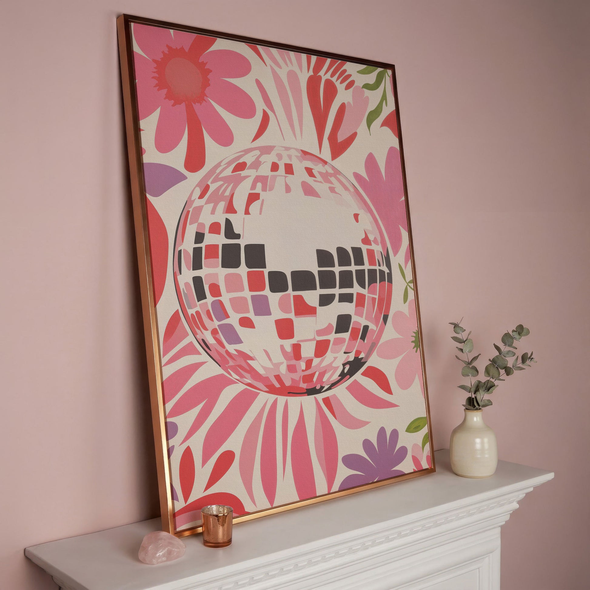 Retro Disco Ball & Floral Canvas in rose gold floating frame