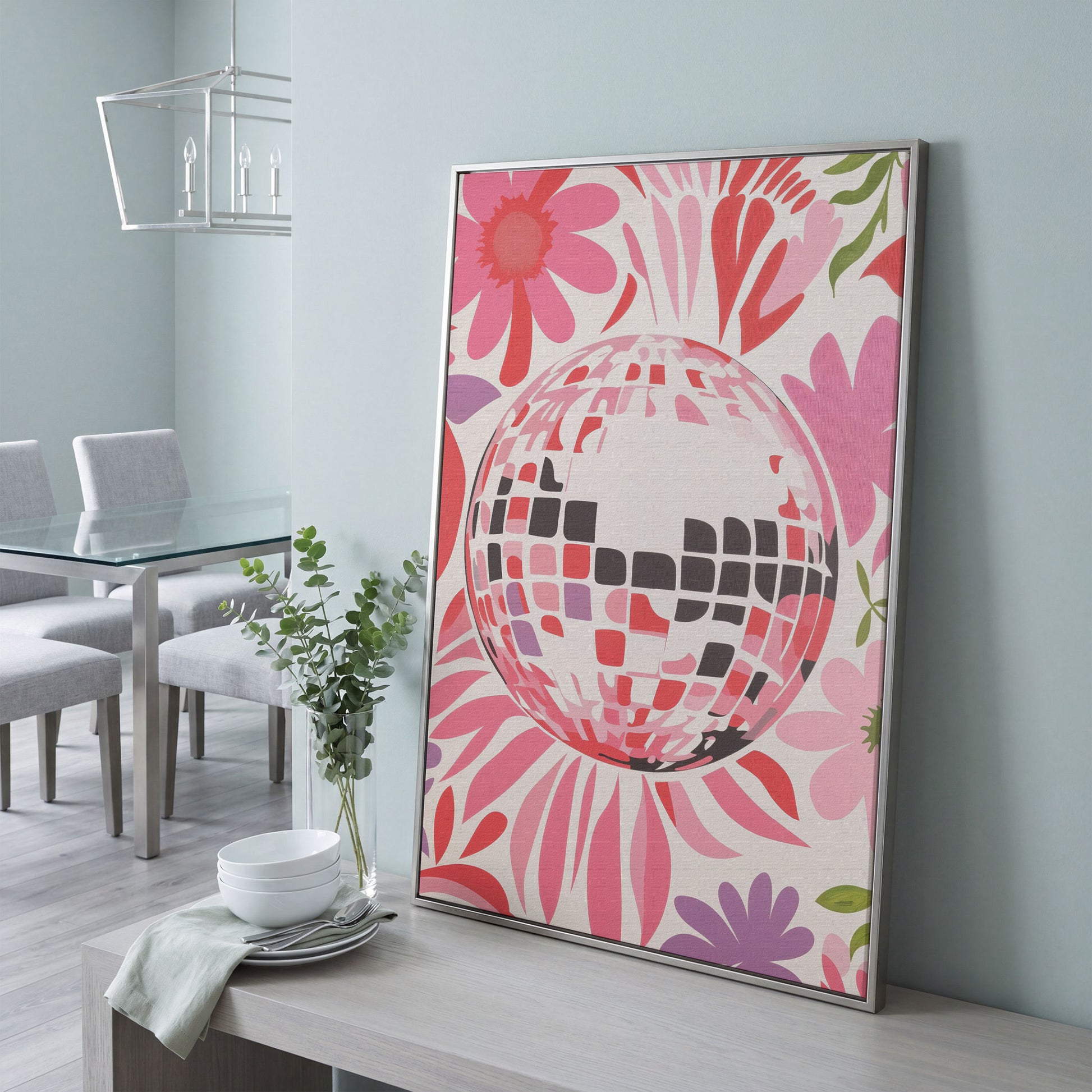 Retro Disco Ball & Floral Canvas in silver floating frame